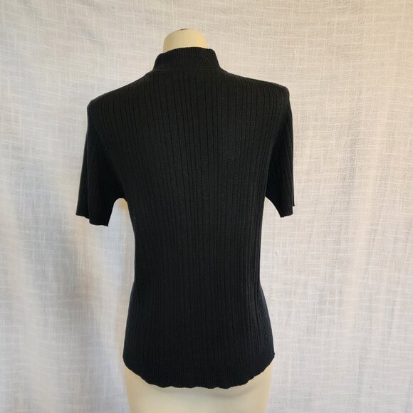 Chaus WL Silk Light Weight Ribbed Blk Short Sleeve Mock Turtleneck Sweater A317 - Picture 4 of 10
